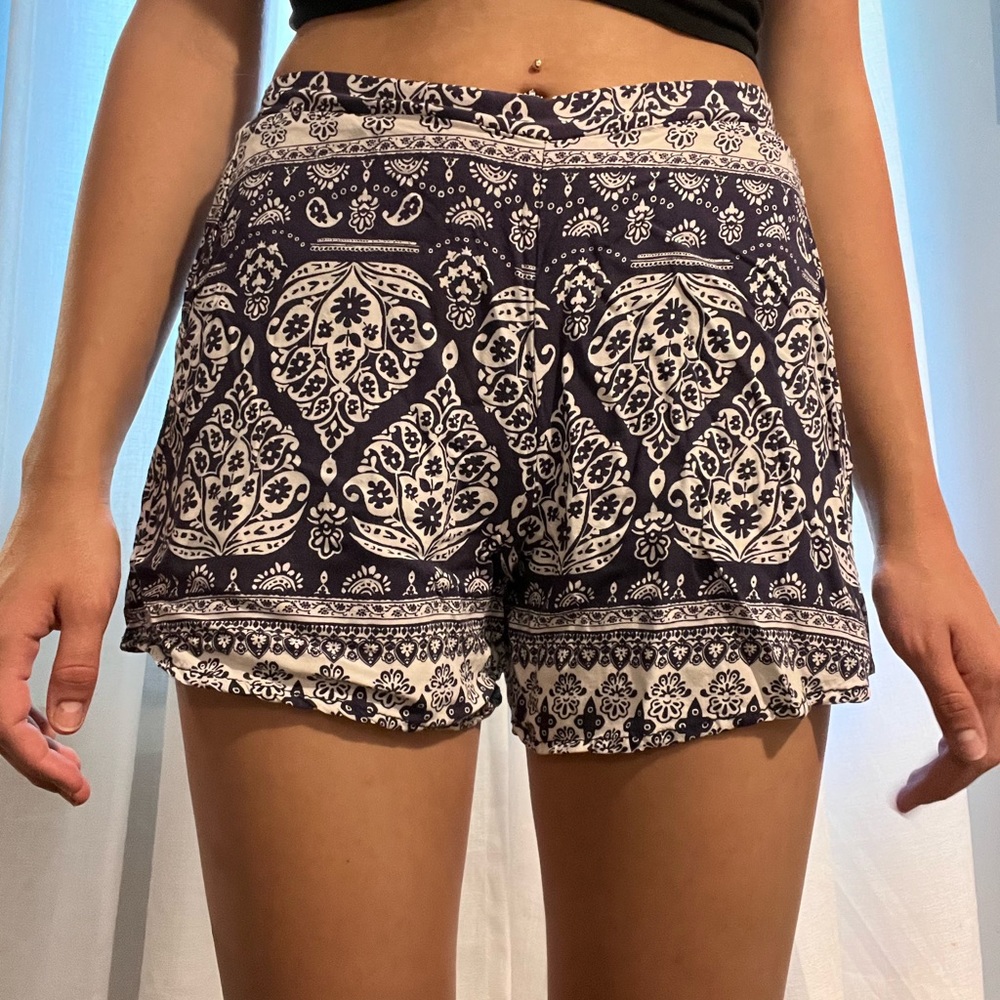 Boho blue and white patterned shorts. Flowy fit